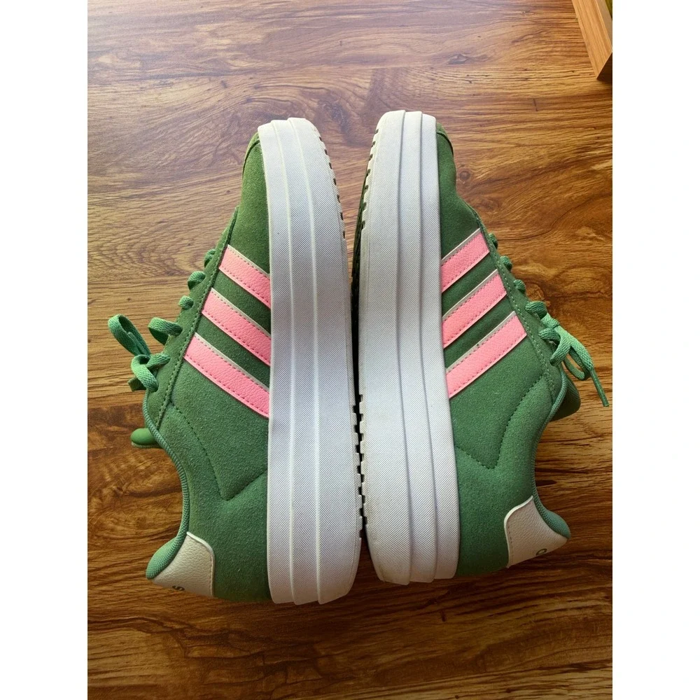 Adidas VL Court Platform Green Suede Pink Stripes Women Sneakers Low Top 8.5